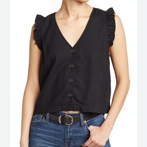 Madewell Black Linen-Blend Ruffle Sleeve Button-Front Top – Size 00
